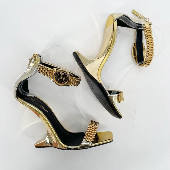 Giuseppe Zanotti for Christian Cowan Gold Watch Buckle Wedge Sandals IT 37.5 - Picture 4 of 15